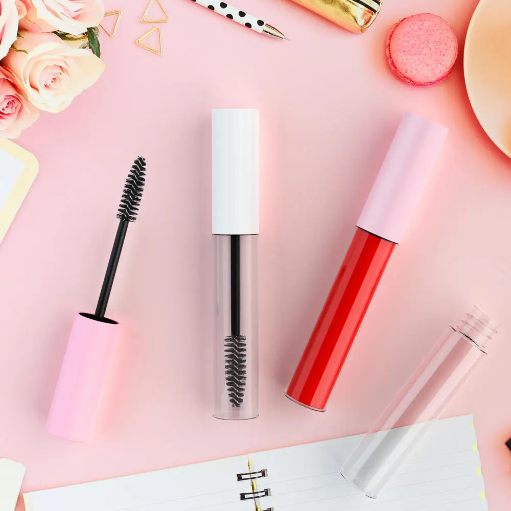 5 PCS 10ML Mascara Tubes Empty Eyelash Cream Refillable Bottles Pink/White Cosmetic Sample Container with Eyelash Brush Stick