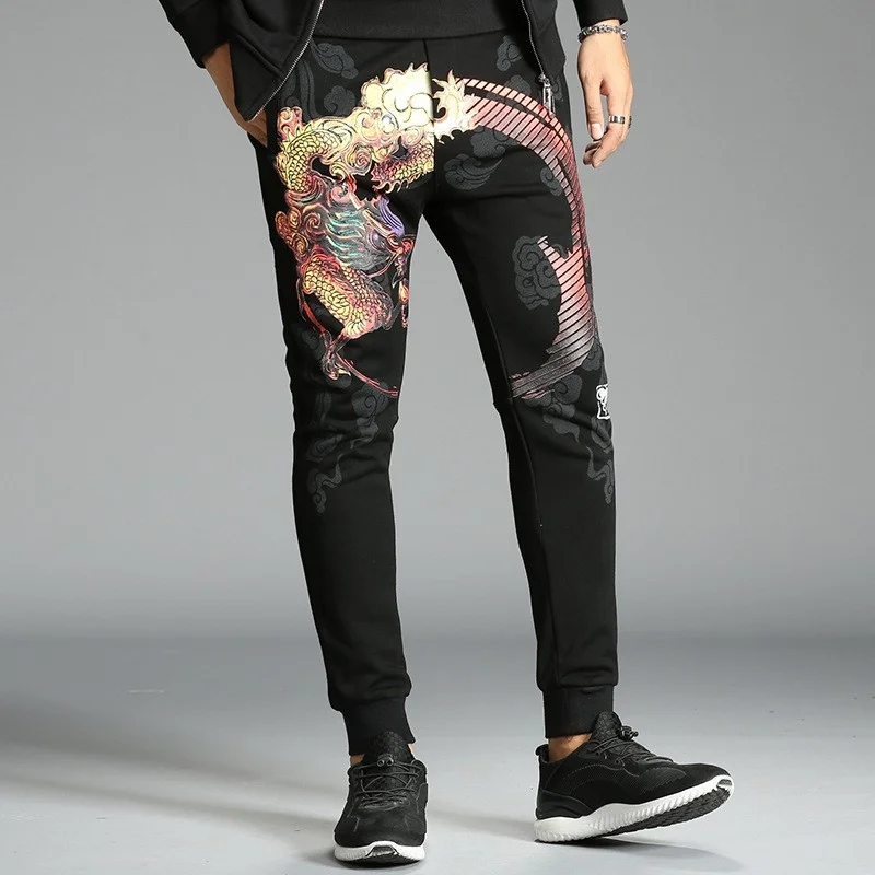 

Sweatpants Mens Chinese Style Vintage Printed Embroidery Slim Fit Harem Pants Lace-Up Elastic Fashion Casual Trousers Plus Size