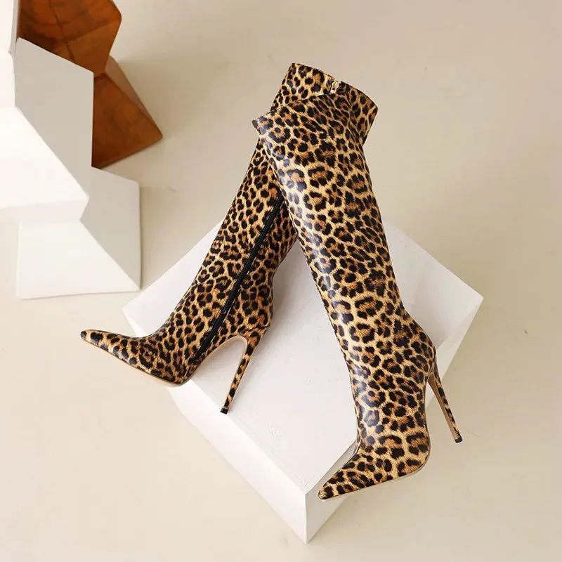 ZawsThia Sexy Super Thin High Heels Stripper Club Stilettos Booties Pointed Toe Leopard Design Women Knee High Boots Size 45 46