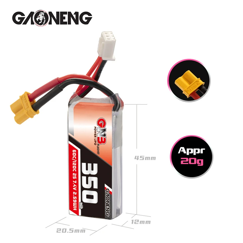 オリジナルのGazonnb hvドローン用バッテリー,350mah,2s,7.4v,60c/120c,xt30,qa75x rc用プラグ,1〜10個