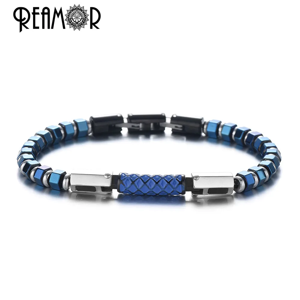 

REAMOR Luxury Blue Enamel Craft Stainless Steel Connector Bracelets Men Women Blue Hematite Bangle With Detachable Clasp Jewelry