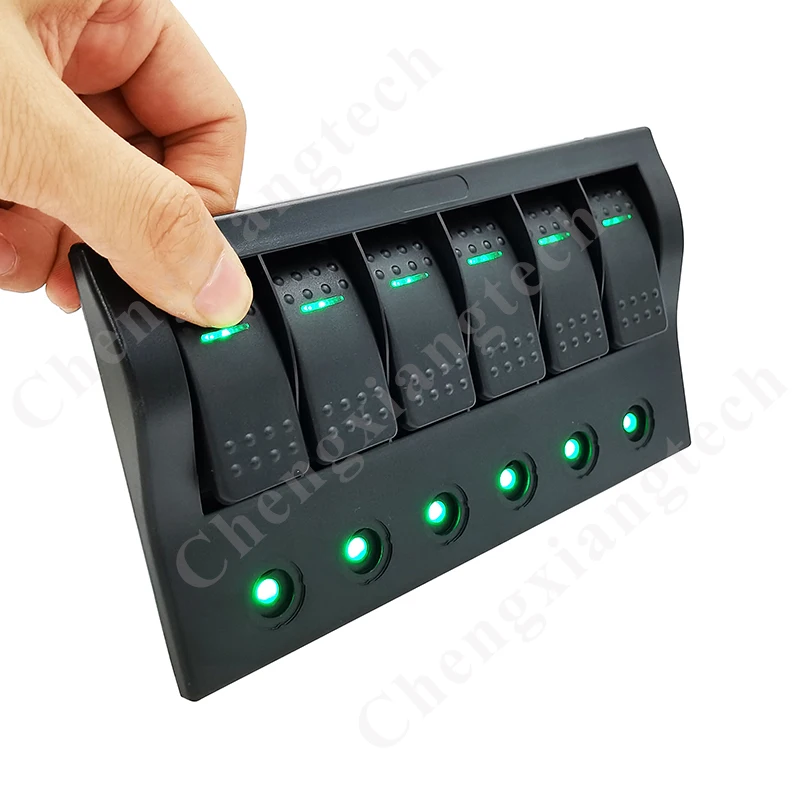 6 Gang Rocker Switch Circuit Panel Stickers 5 x On Off / 1 x Momentary (On) Off Green Led Toggle Switch Waterproof Car Boat