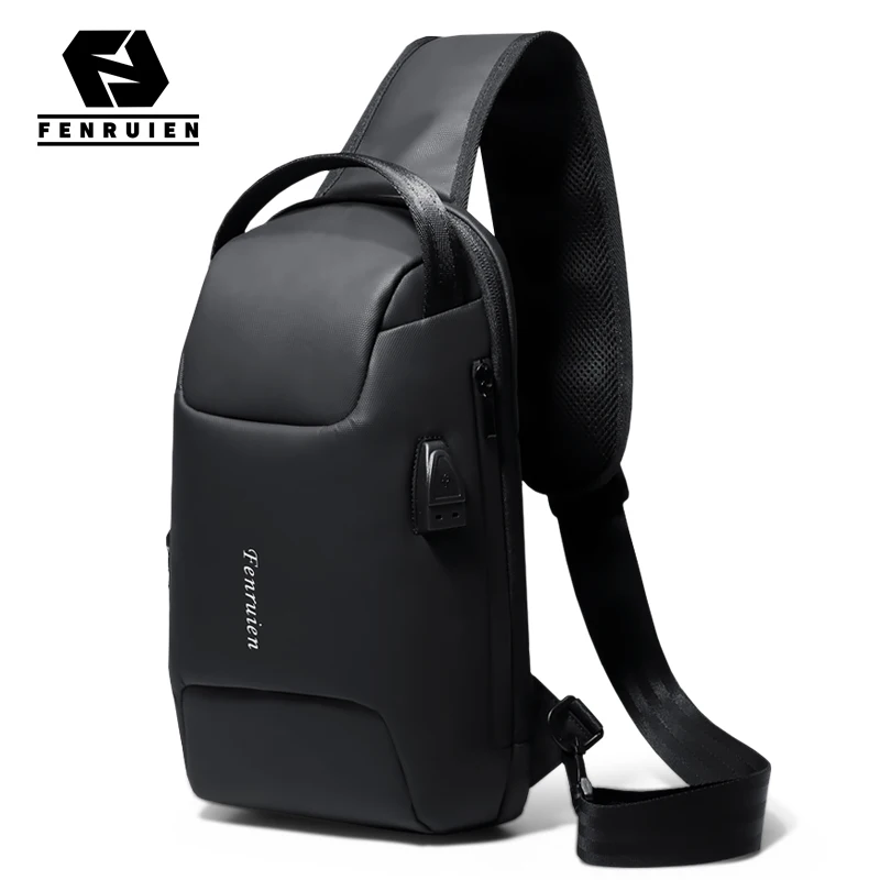 Fenruien New Men Multifunctional Chest Bag TSA Anti-Theft Large Capacity Shoulder Bag USB Charging Waterproof Crossbody Bag