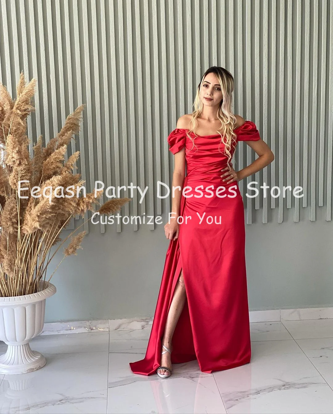 Eeqasn lilás cetim macio longo vestidos de dama de honra vestido de casamento convidado alças espaguete v-neck fenda formal vestidos de festa para a noiva