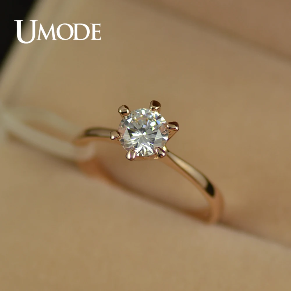 UMODE Classic 6 Prong Soliatire CZ Zircon Engagement Rings for Women 6mm Clear Crystal  JR0012A