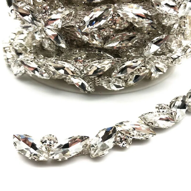 

10 ярдов цепочка со стразами и кристаллами, блестящая серебряная прозрачная бриллиантовая отделка, лента, ожерелье, аппликация, драгоценный камень, блестящее свадебное платье