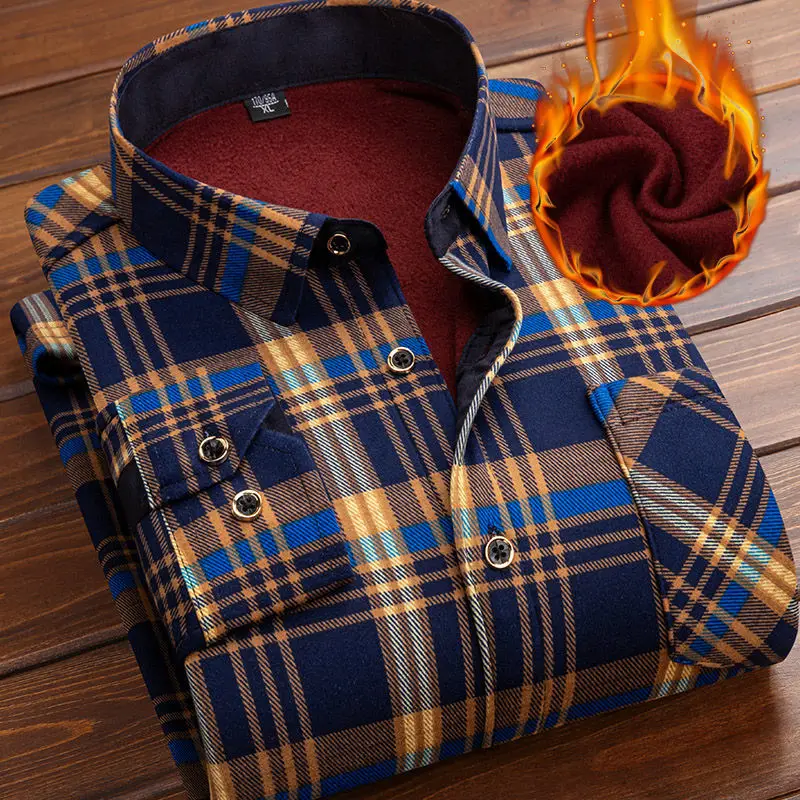 Men\'s Long Sleeve Plaid Shirt, Thick Fleece Lined, Soft Casual Flannel, Warm Dress Shirt, Male, Autumn, Winter, L-5XL, 2024