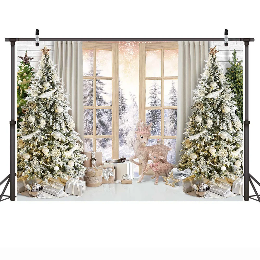 Xmas Window Kids Cake Smash Background Photocall Christmas Tree Winter White Pine Forest Backdrop Adult Birthday Portrait Studio