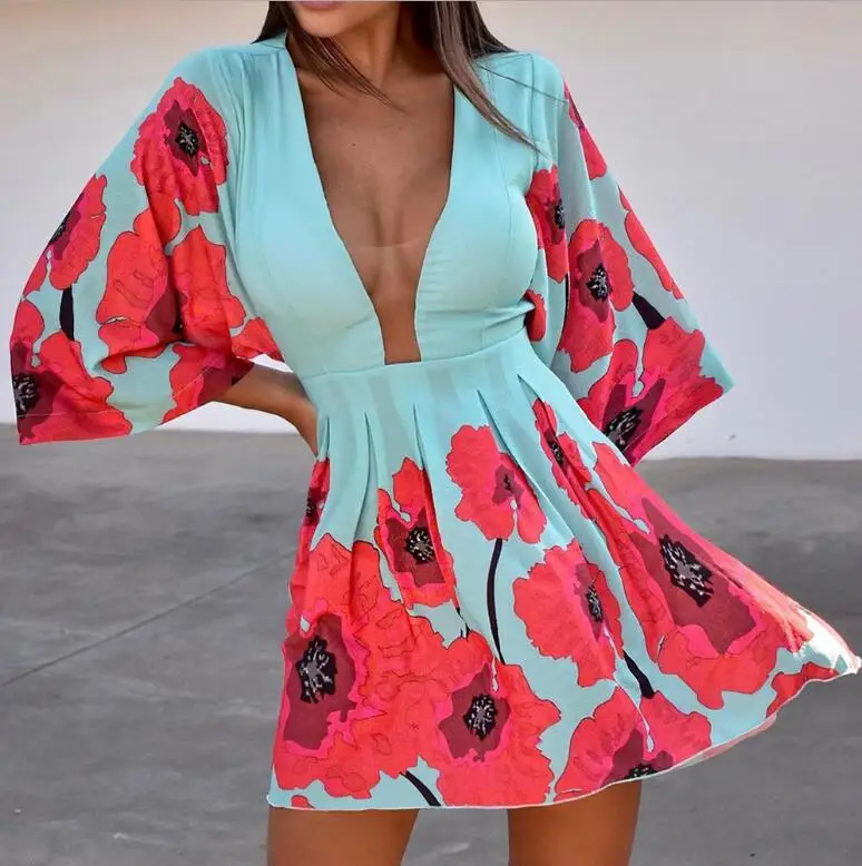 Frauen Mini Kleid Floral Print Tiefer V Neck Plunge Batwing Hülse lange Sheer A-line Kleid Boho Sexy Tragen Blume Strand party