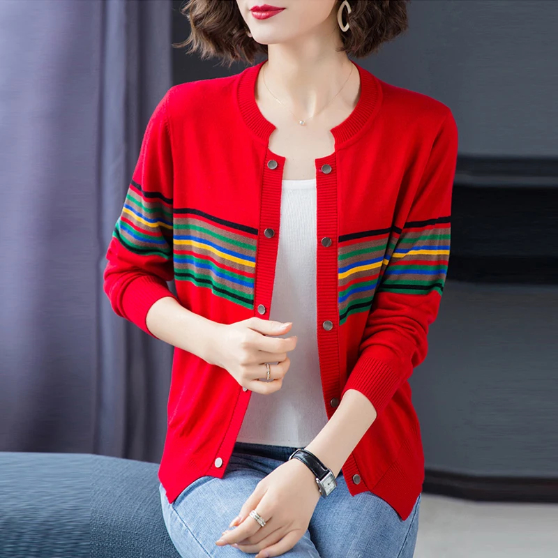 

Plus Size 4XL Stripe Kinttd Cardigans Women Round Neck Spring Autumn Short Sweater Top Casual Korean Long Sleeve Cardigans Coat