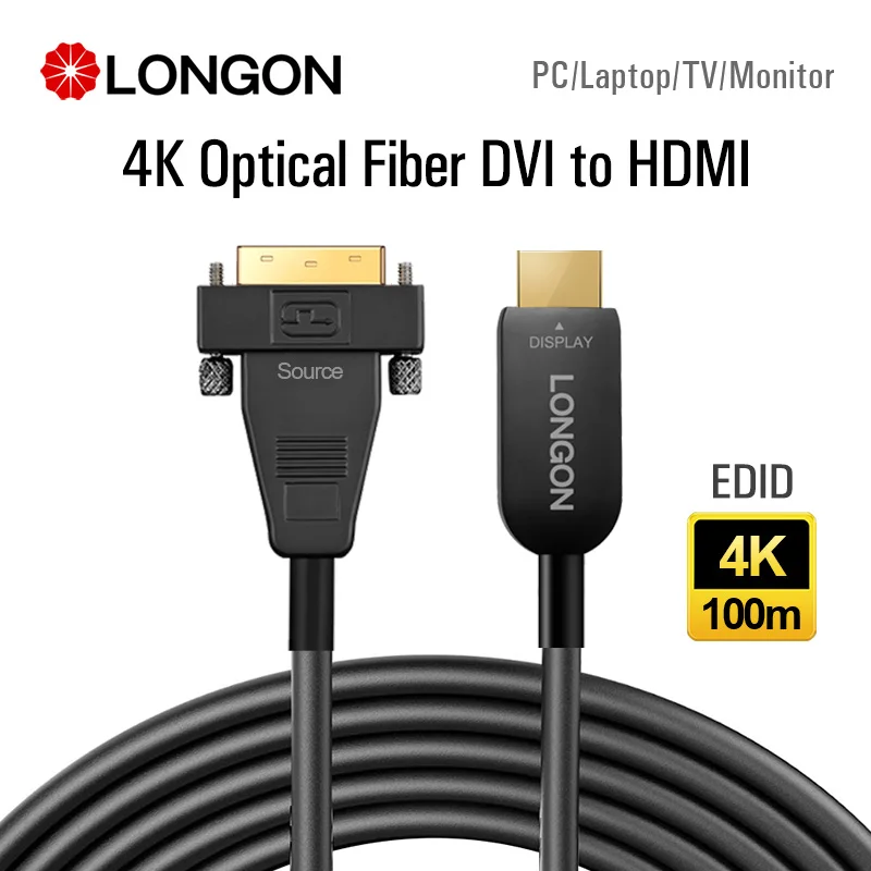 

LONGON Optical Fiber DVI to HDMICable 4K Adapter Cable Optical Fiber For 4K 30Hz 1080P 60Hz PC Monitor LED Matrix 10m 50m 100m