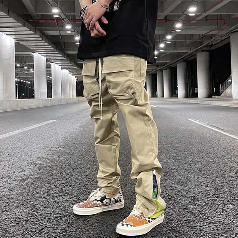 

Ankle Zipper Cashew Print Pockets Overalls Mens High Street Drawstring Oversize Casual Trousers Hip Hop Loose Cargo Pants