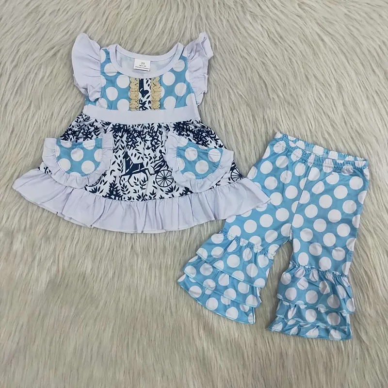 Wholesale Kids Children's Girls Fashion O-neck Diamond Letter Short Sleeves Lace Flower Pocket Ruffle Long Pants Outfit Clothing