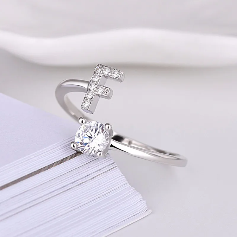 Buyee 925 Sterling Silver Sweet Ring Finger Light White Zircon A to Z Latter Open Ring for Woman Fashion Fine Jewelry Circle