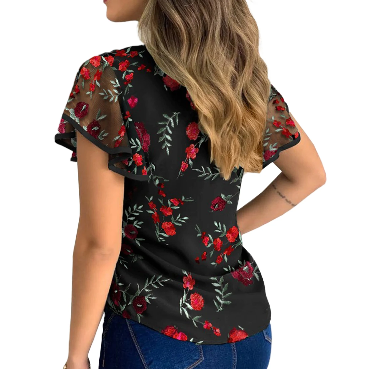 4 Styles Sexy Women Ruffle Sleeve Tops Pullover Dot Polk Embroidery Floral Print Blouse Ladies OL Casual Chiffon Jumper Tee