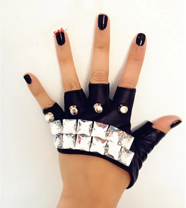 Men Women's fashion Hip-hop ds acrylic Rhinestone PU leather gloves lady's rivet night club performace punk gloves R1206