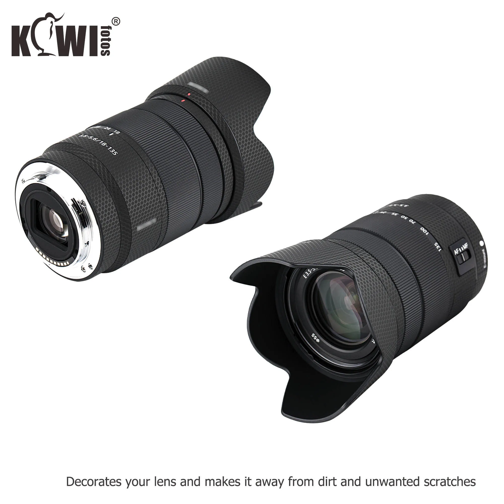 عدسة و عدسة غطاء هود ملصق جلد واقي فيلم لسوني E 18-135 مللي متر f/3.5-5.6 OSS عدسة (SEL18135) مكافحة الشريحة مصفوفة الأسود