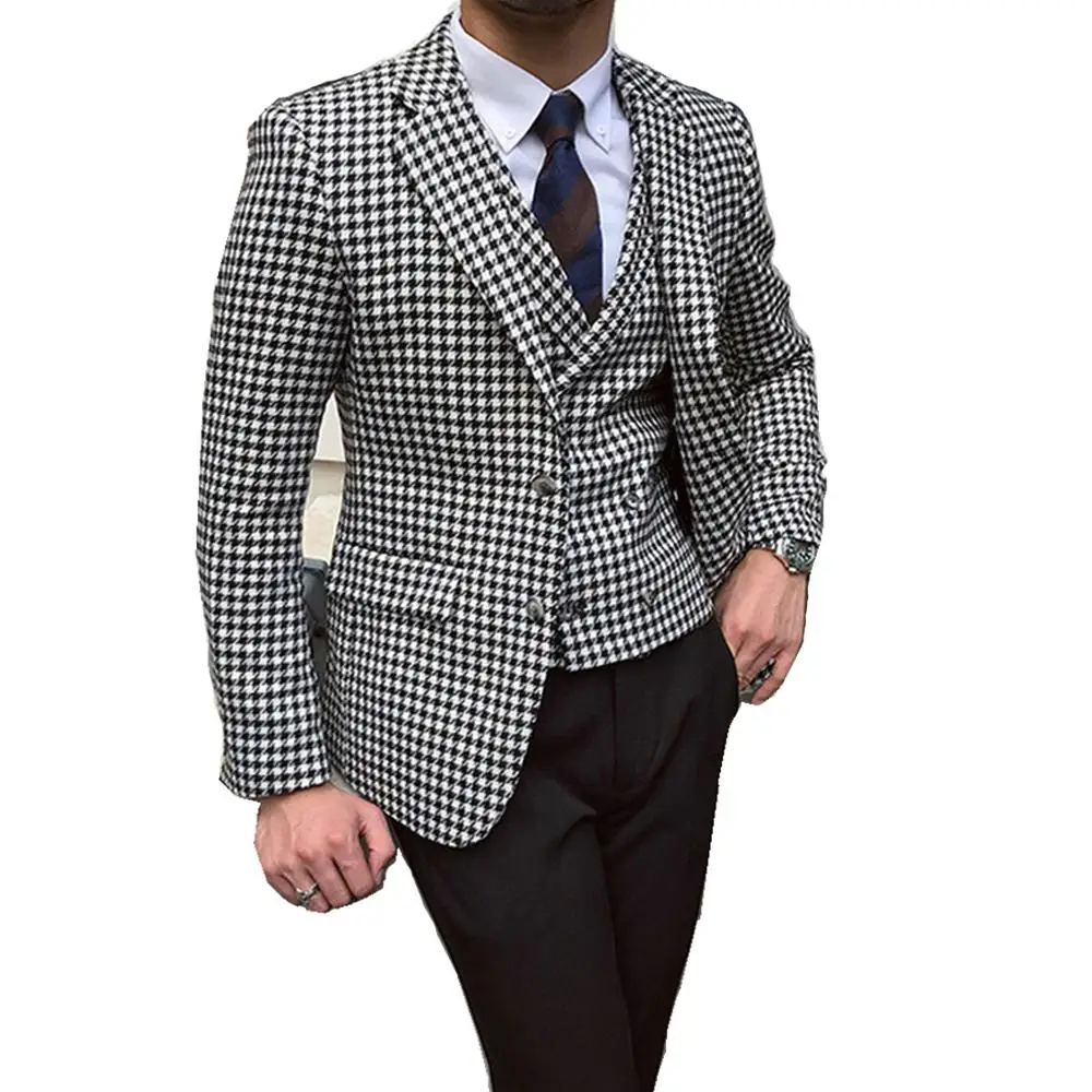 Men\'s Houndstooth Blazer and Houndstooth vest for Wedding Suits Formal Tweed Tuxedos Custom Made Man Suits Jacket+pants+vest