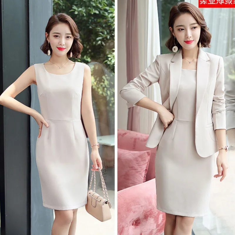 Elegante blazer vestido ternos mulheres trabalho de negócios uniforme escritório senhora profissional duas peças conjunto terno vestido moda