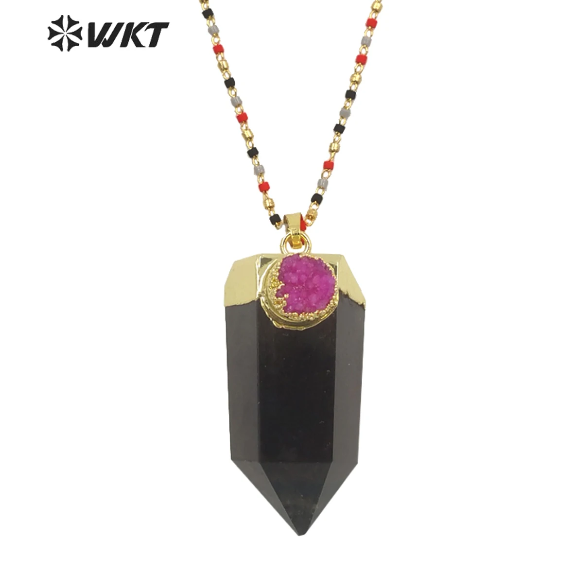 

WT-N1289 Wholesale Fashion Gold Electroplated Natural Smoky And Quartzs Spirit Stone Pendant Necklace With Colorful Beads Chain