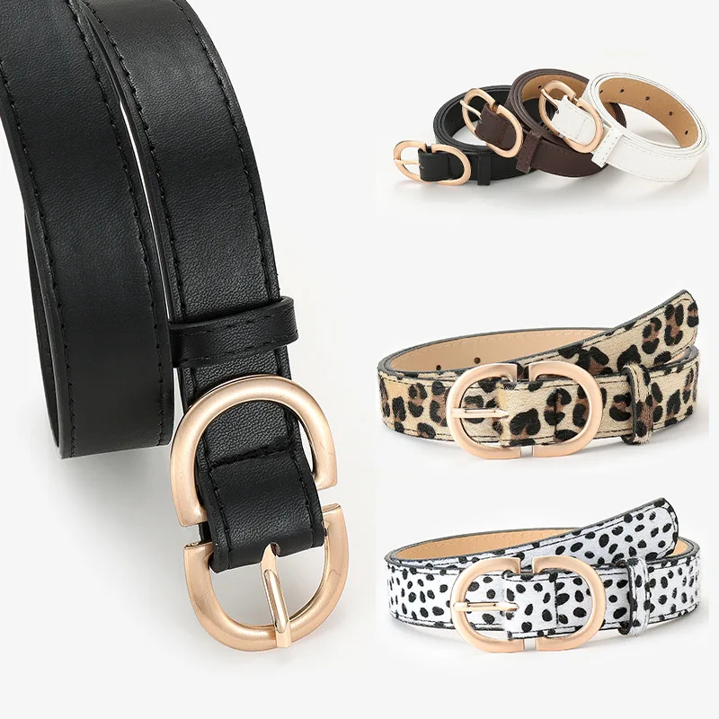 Female Leopard Belt Snake Skin Print Thin Waistband PU Leather Gold Ring Heart Pin Metal Buckle Ladies Belts