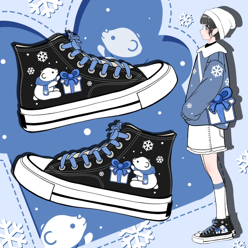 

Amy and Michael Lovely Anime Cartoon Polar Bears Canvas Shoes Female Students High Top Casual Sneakers Breathable Flat Plimsolls