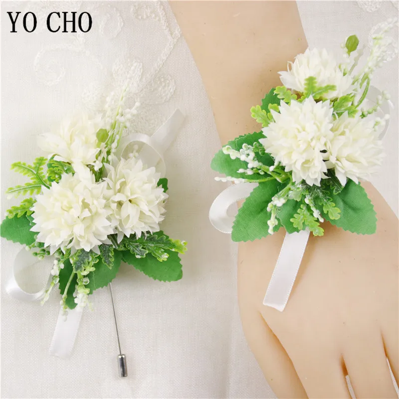 Silk Flower White Wedding Boutonnieres Groomsmen Flowers Women Corsage Bracelet Marriage Prom Party Bridesmaids Wristband Brooch