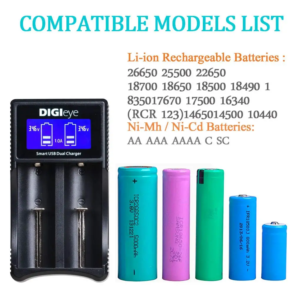 Универсальное USB-зарядное устройство с ЖК-дисплеем для литий-ионных аккумуляторов 18650 22650 26650 18490 16340 (RCR123) 10440 14500/Ni-MH аккумуляторов AA AAA