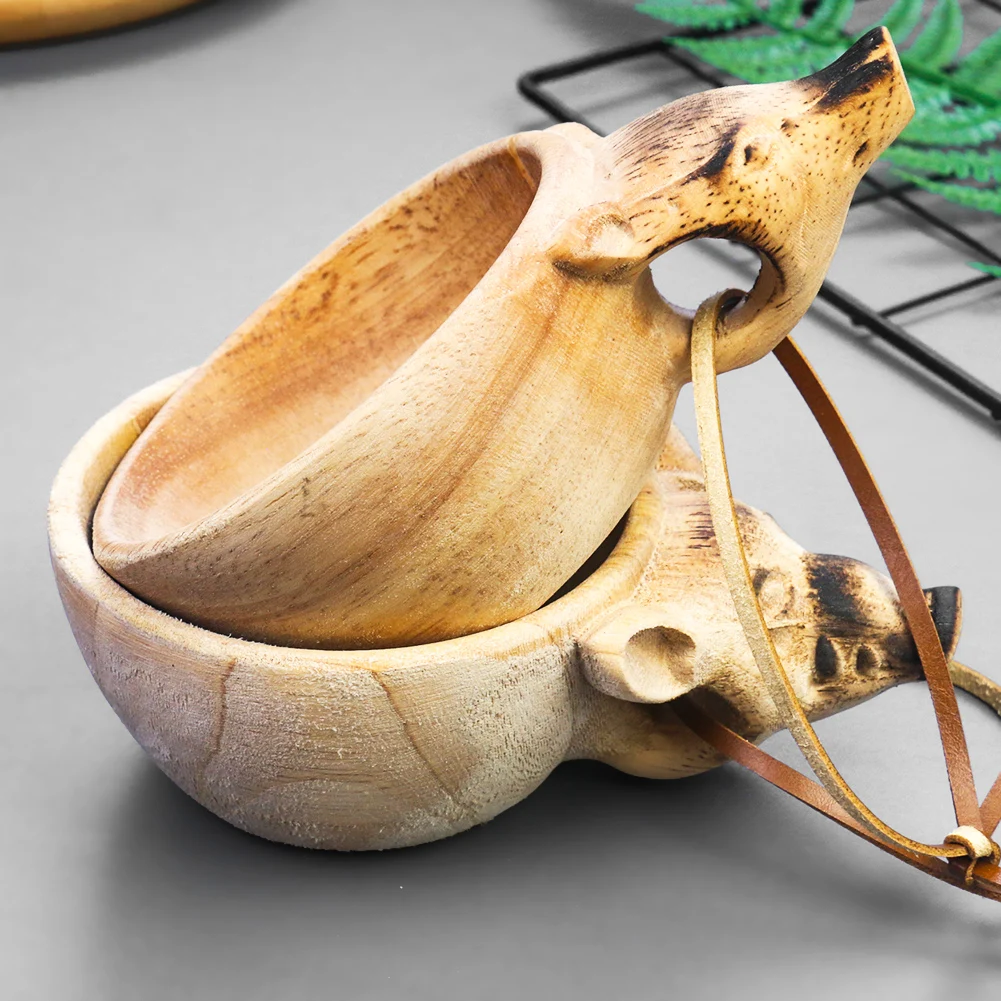 

Hand Carved Kuksa Wooden Coffee Mug Animal Head Handle Camping Water Cup Scandinavian Mug Juice Milk Tea Drinking Cup Drinkware