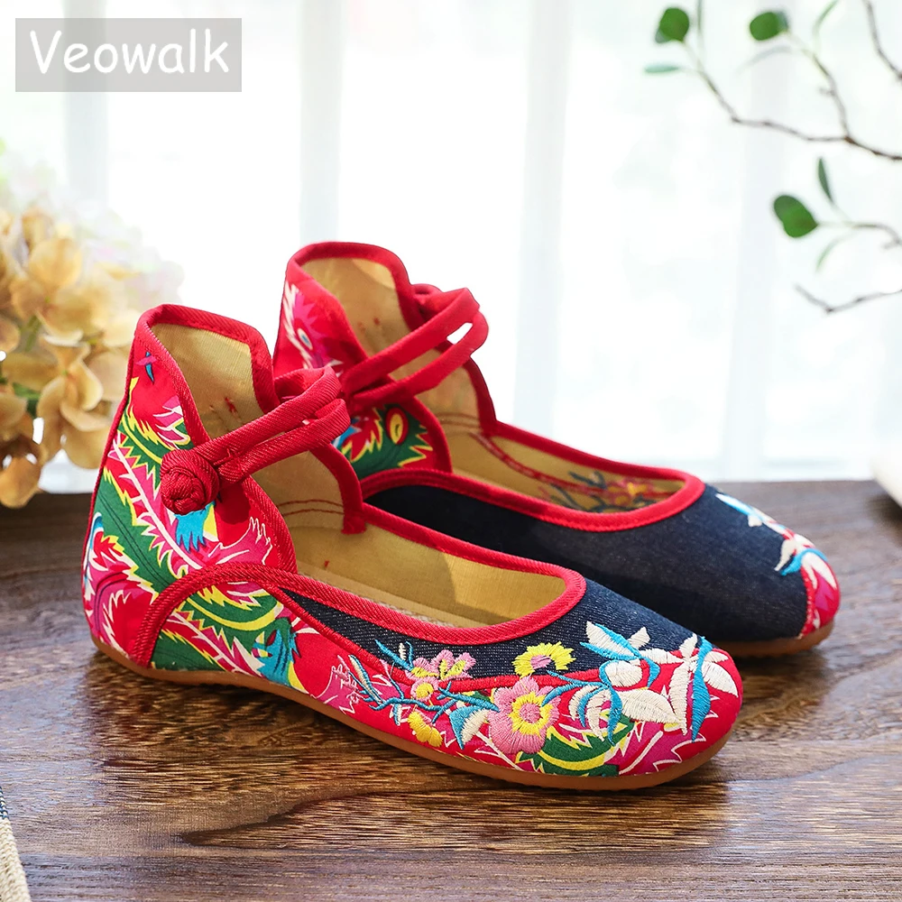 Veowalk Handmade Vintage Women\'s Old Beijing Mary Jane Flats Chinese Embroidered Cloth Casual Denim Shoes Woman Big Size 34-43