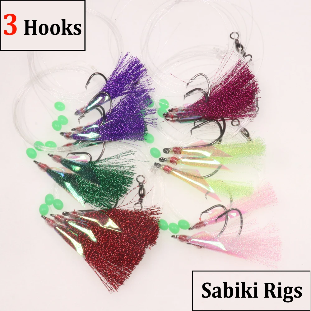 6 Bags 3 Hooks 3/0 - 8/0 Strong Hooks Big Flasher Rig Fish Skin Sabiki Snapper Snatcher Cod Fishing Bait Lures  Red Yellow Bule