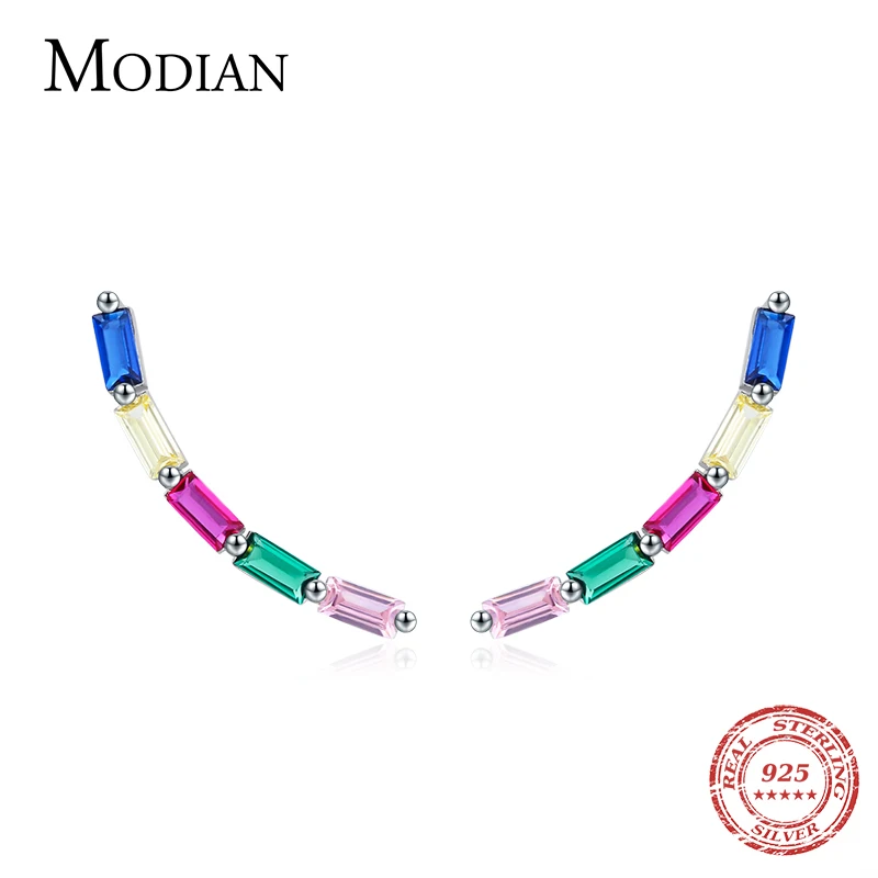 

Modian 925 Sterling Silver Rainbow Geometric Rectangle Long Stud Earrings for Women Vintage Hypoallergenic Wedding Jewelry