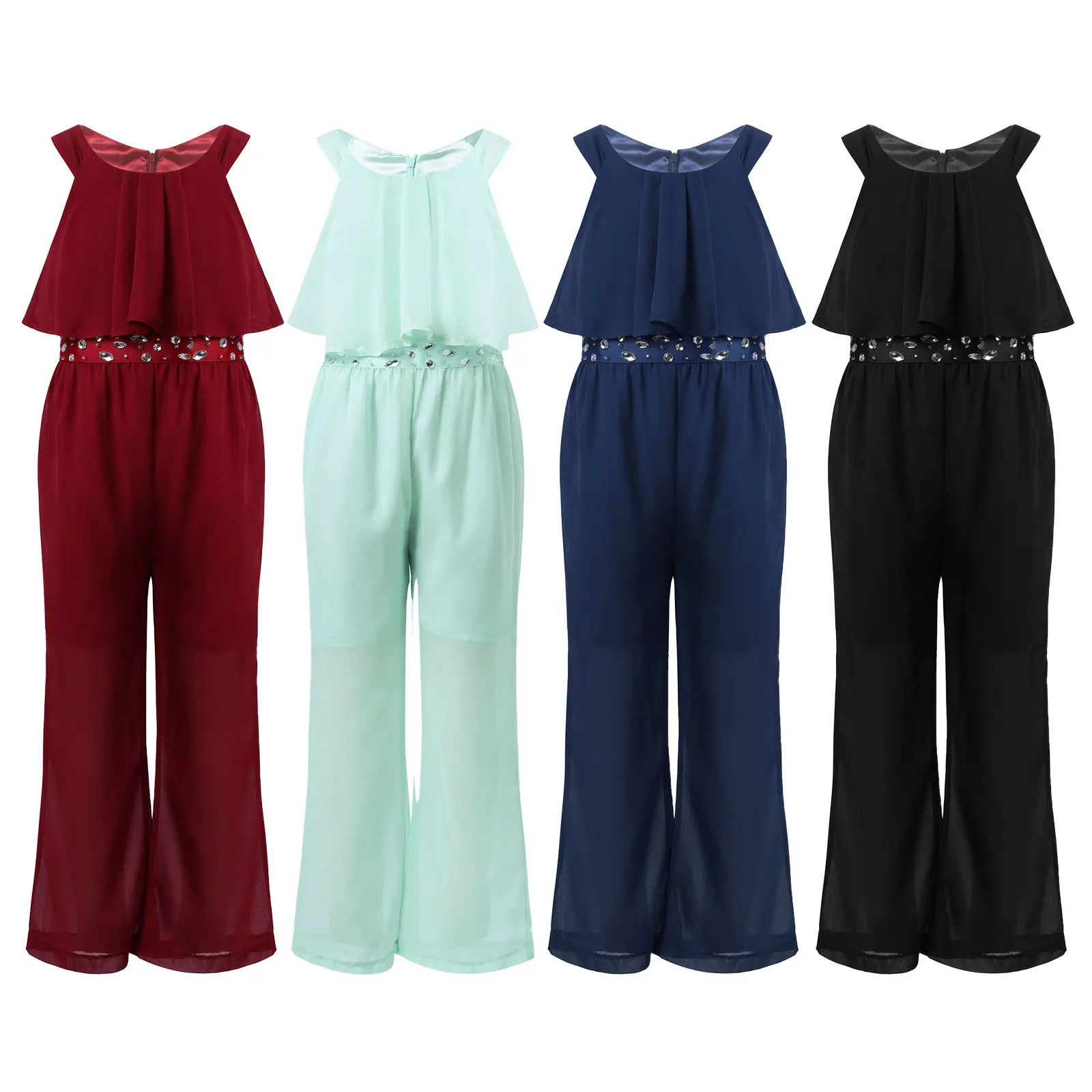 Macacão feminino de chiffon sem mangas, cintura alta, macacão de perna larga, casual, zíper elegante, infantil, verão