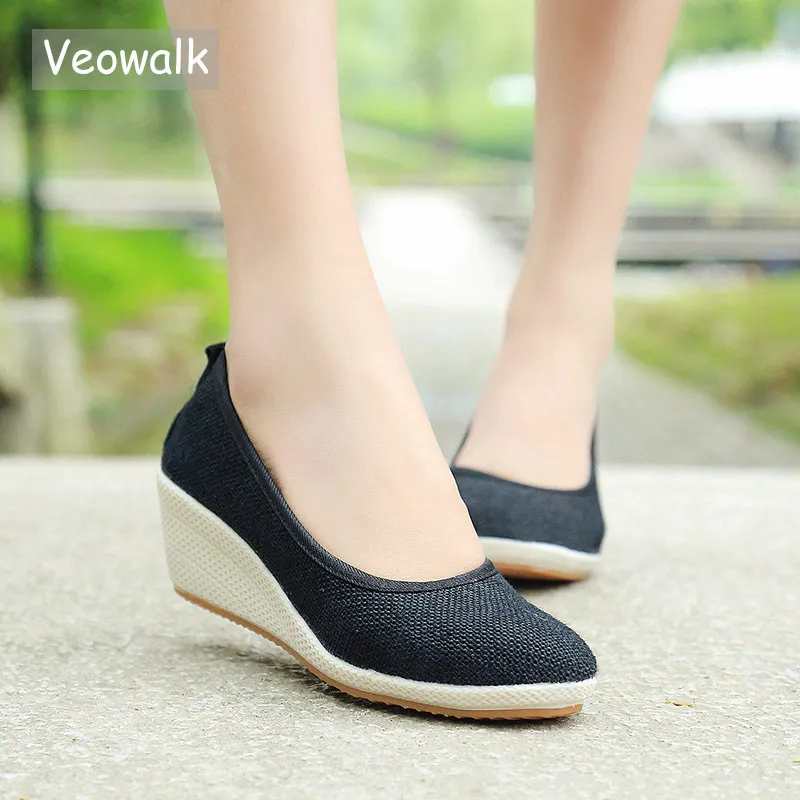 Veowalk Handmade Women Plain Linen Cotton Wedge Espadrilles Vintage Solid Color Ladies High Heel Slip on Platforms Pumps Shoes