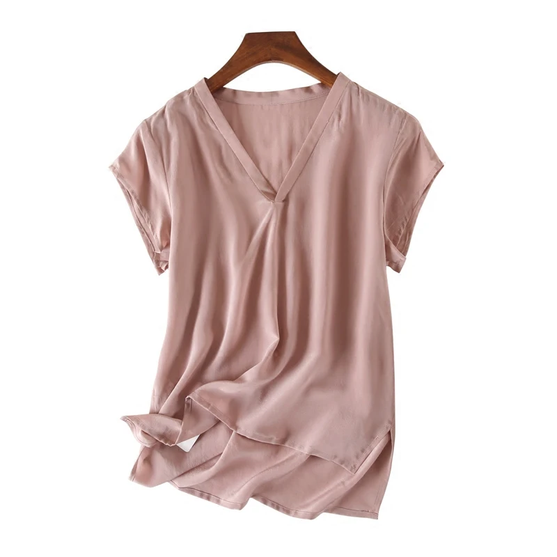 Summer Casual 100% Natural Silk V-Neck Blouse Cross-Neck Kimono Collar Short-Sleeved Shirt