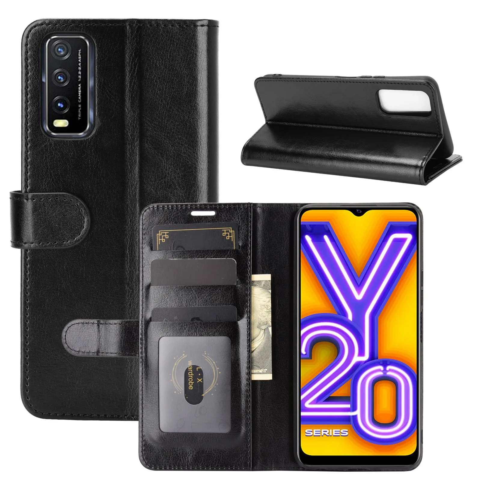 V2029 Case for Vivo Y20 (2020) 6.5in Cover Wallet Card Stent Book Style Faux Leather Flip Protect Black 2029 Y 20 vivoY20 20Y