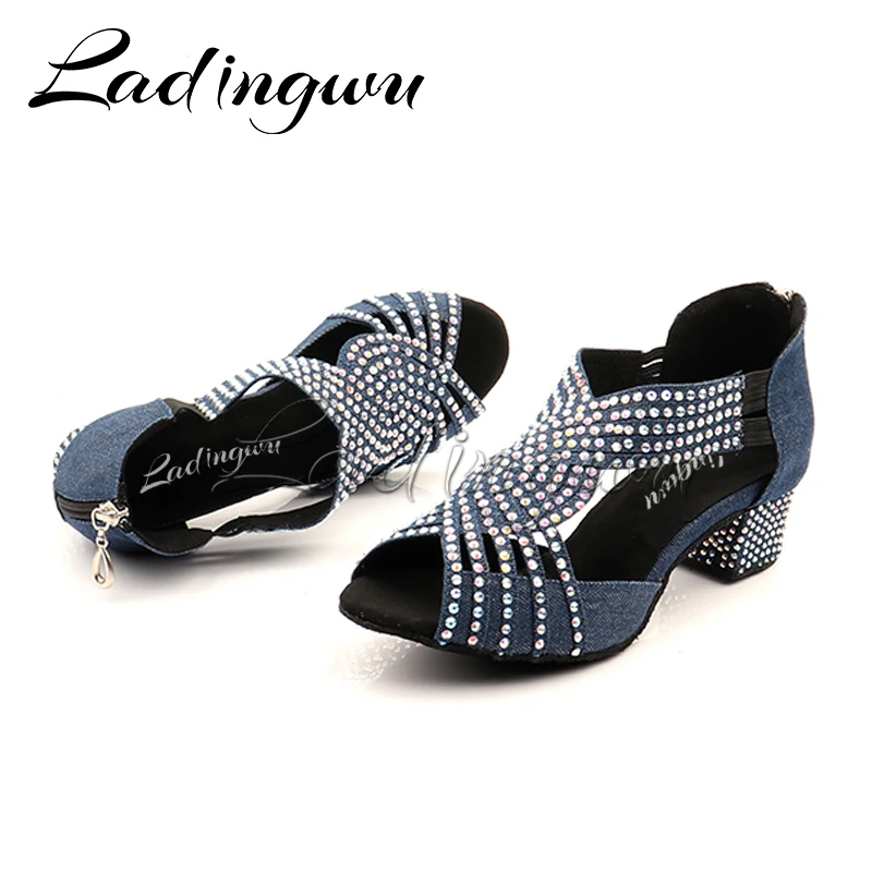 Ladingwu Low-heeled Latin Dance Shoes Salsa Women Dark blue Denim Collocation Shine Rhinestone Dance Shoes Woman Ballroom indoor