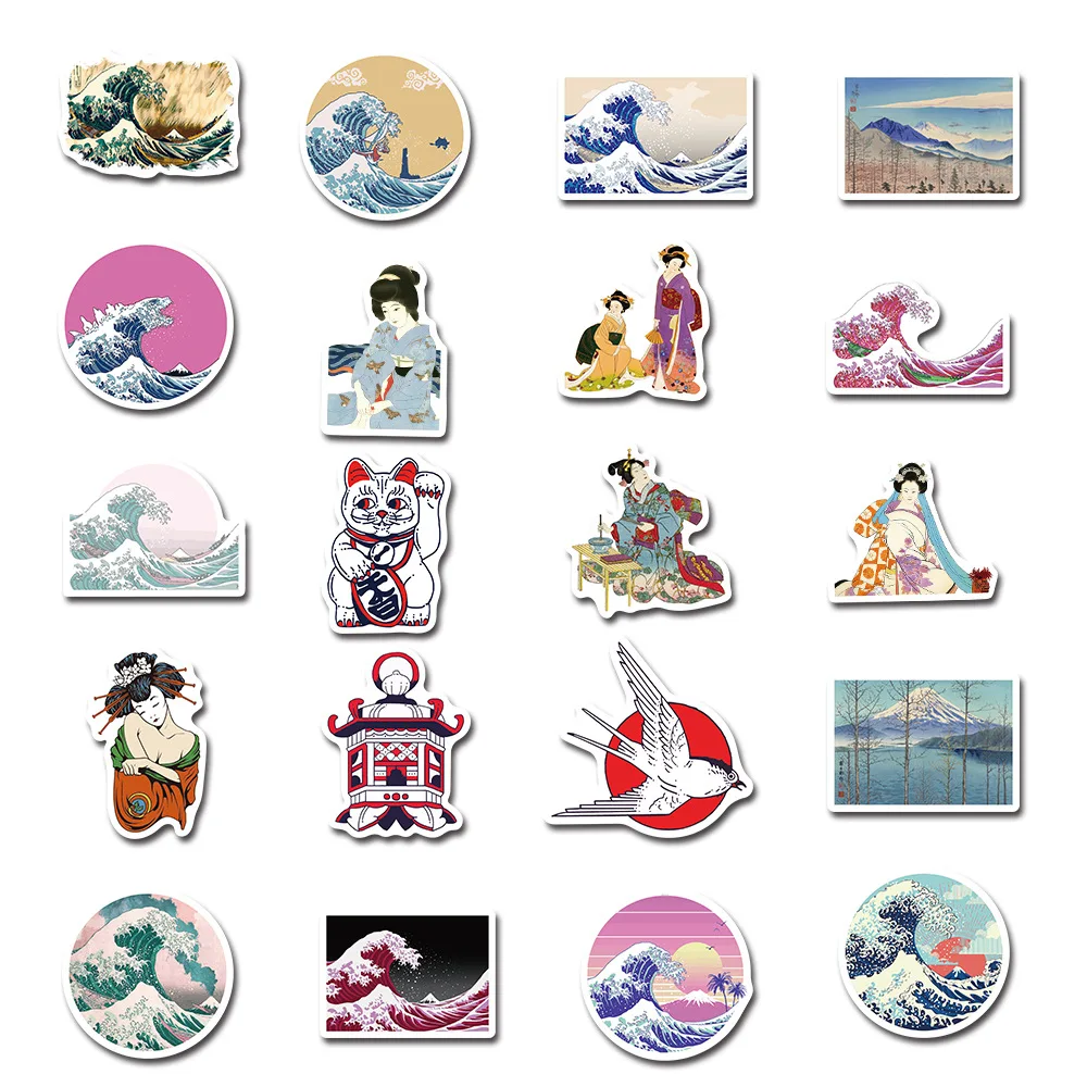 50PCS Vintage Sea Wave Doodle Sticker Japanese Style Ukiyo-e Art Kids For Stationery Laptop Guitar Decals Graffiti Sticker F4