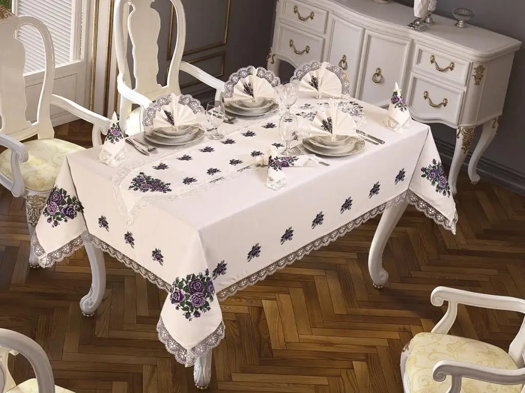 Cross stitch Printed Laced Four Rose Table Cloth Pack 26 Piece Lilac