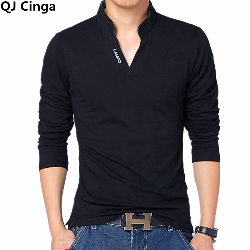 POLO Shirt Men Spring Cotton TShirt, Men\'s Solid Color Tshirts, Mandarin Collar Long Sleeve Top Men Brand Slim Fit Tee Shirts