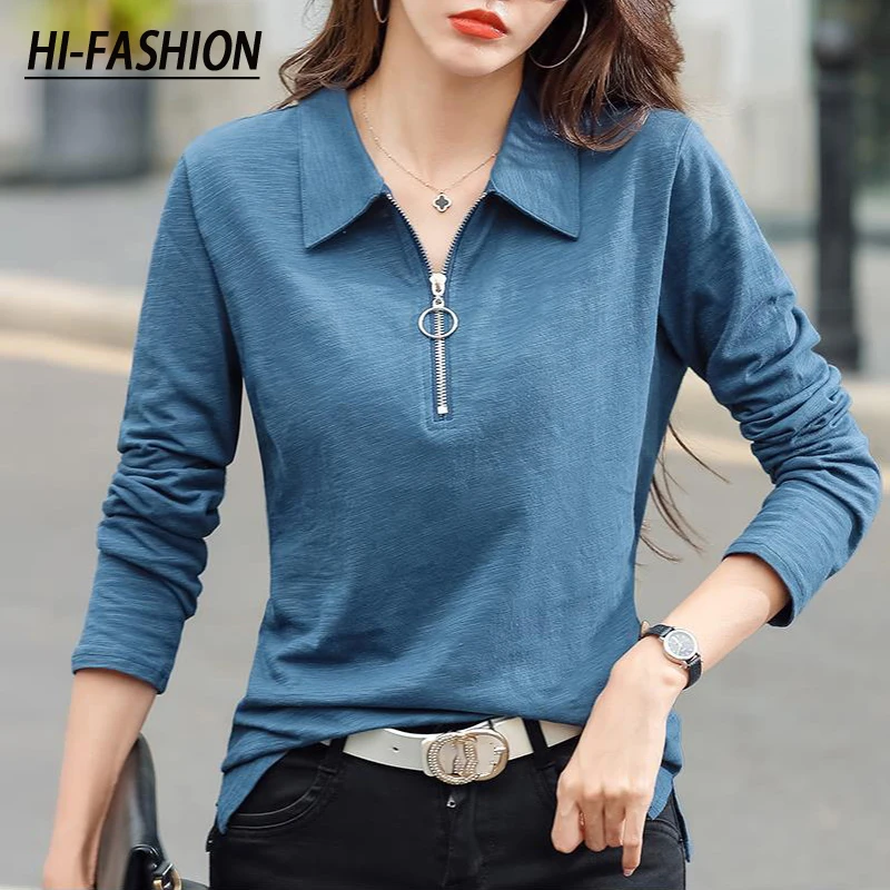 HI-FASHION Long Sleeve Shirts Women Cotton Korean Style Slim Woman Clothes Fall Zipper Tops Female Casual Tee Shirt Femme