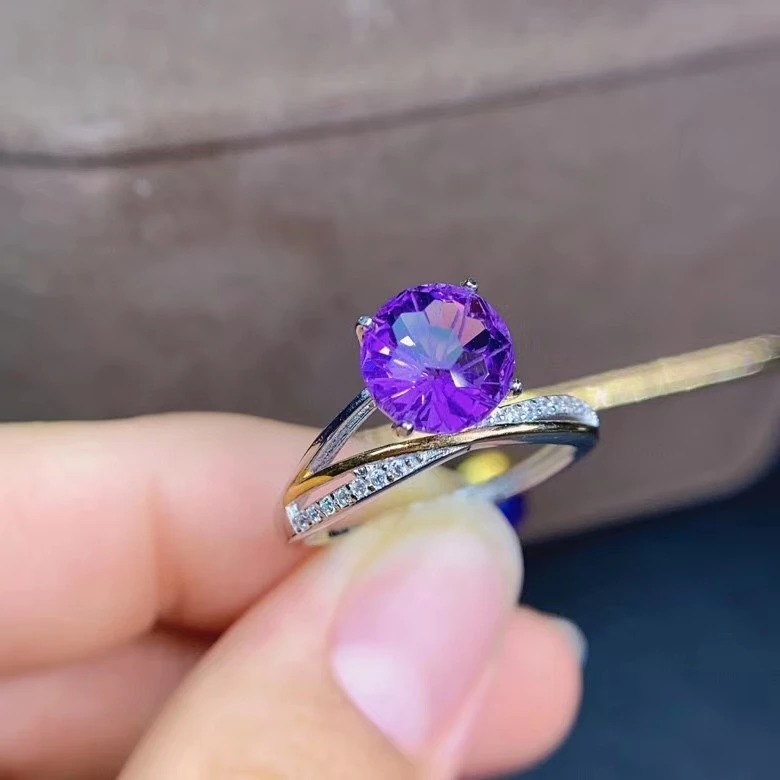 

2020 newest natural purple Amethyst gemstone ring women fine jewelry purple shiny bright color round gem birthday date gift