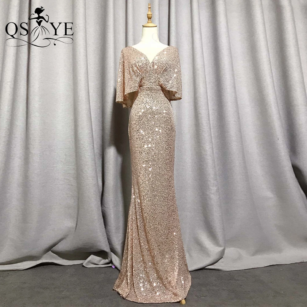 QSYYE-Robe de Soirée de Forme Sirène Dorée à Manches Courtes et Col en V, Tenue Sexy et Élégante à Paillettes et Manches Chauve-Souris