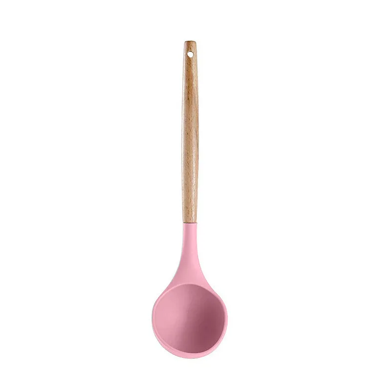 Pink Silicone Kitchen Tools Cooking Sets Soup Spoon Spatula Non-stick Shovel with Wooden Handle Special Heat-resistant Design