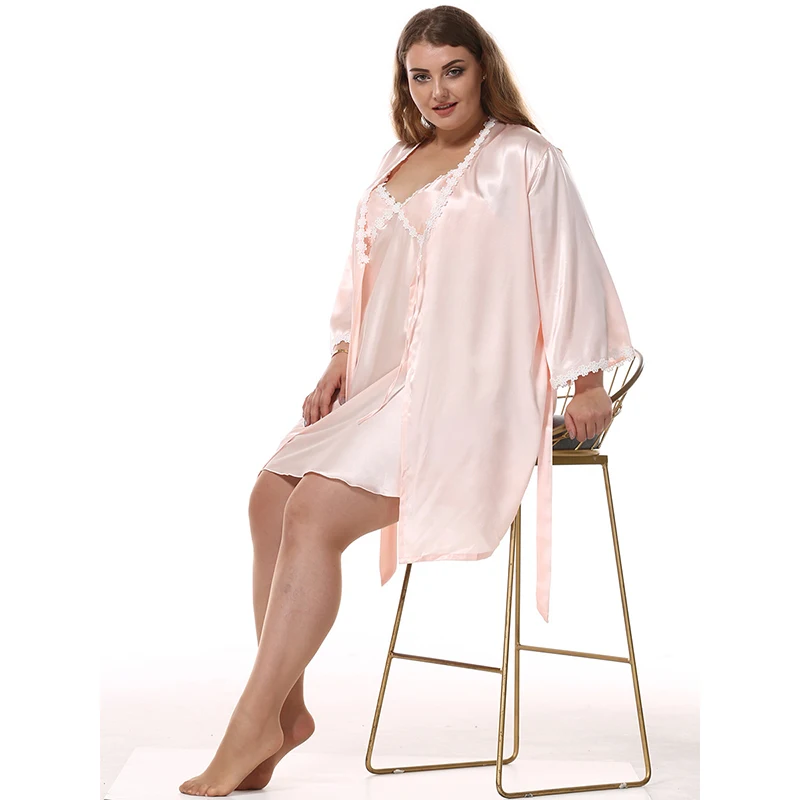 Plus Size Women Imitation Silk Robe Sets Sexy Lace Satin Silk Nightdress + Bathrobes Two-Piece Sets Female 9001