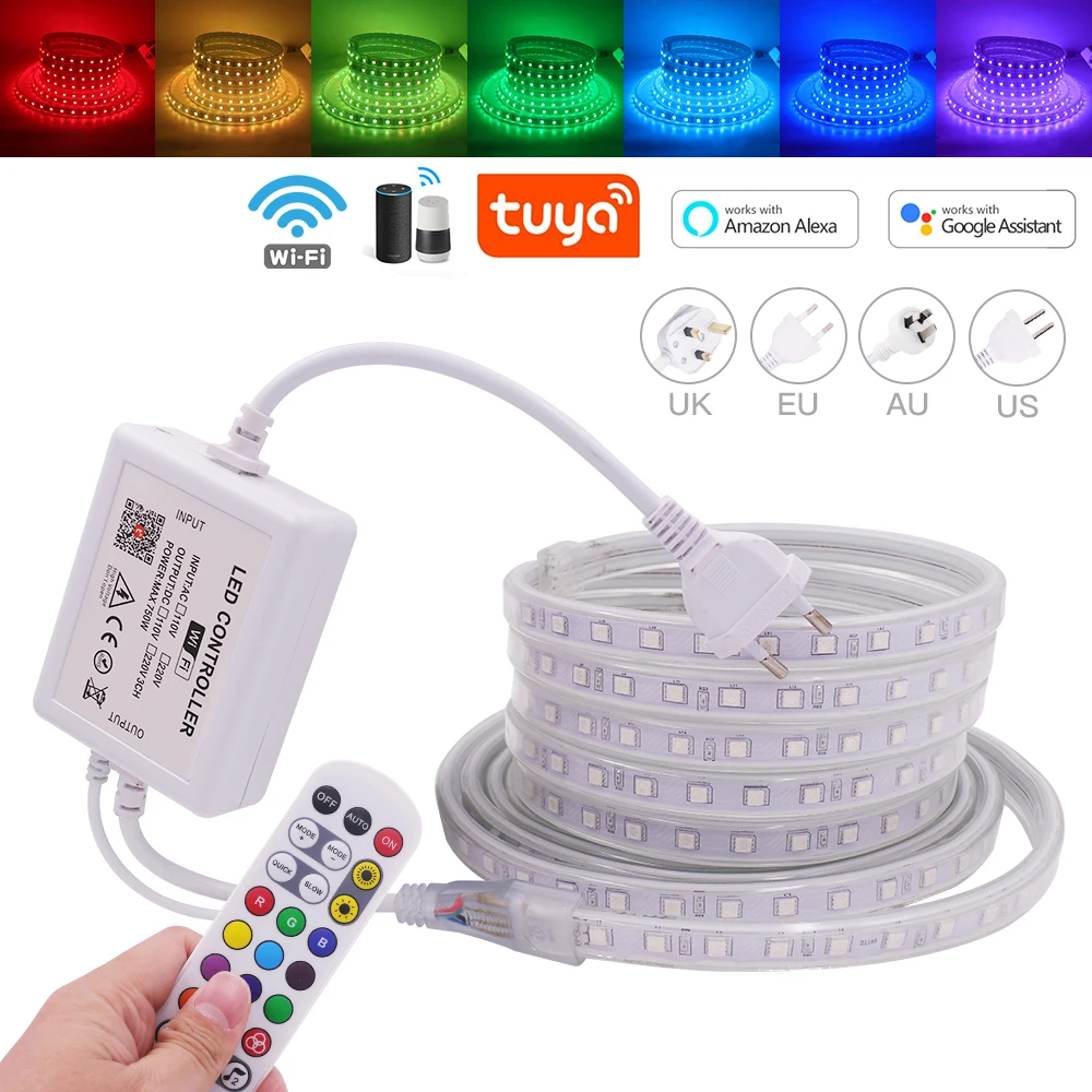 Tuya WiFi LED Strip Light Waterproof RGB 5050 Ribbon LED Tape 220V Smart Voice Control Led Light 60Leds/m Rope Lamp With Remote