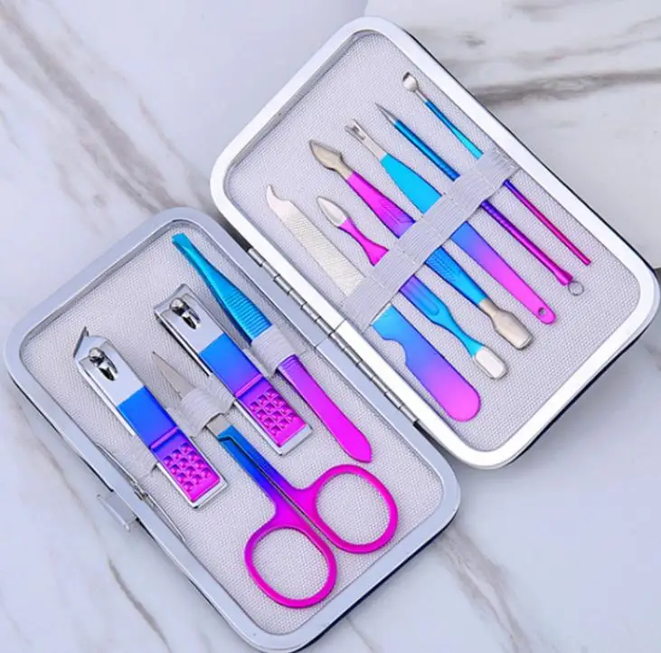 Gradient colorful Stainless steel nail clippers set manicure tools pedicure scissors set beauty care kit Nail Care Tools Set SN