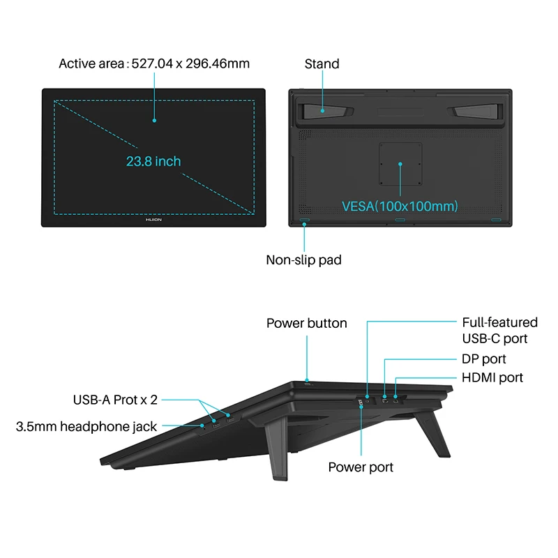 23.8 Inch Huion Kamvas Pro 24 4K Graphics Tablet Screen 140% sRGB Full-Laminated Professional Drawing Monitor Built-in Stand