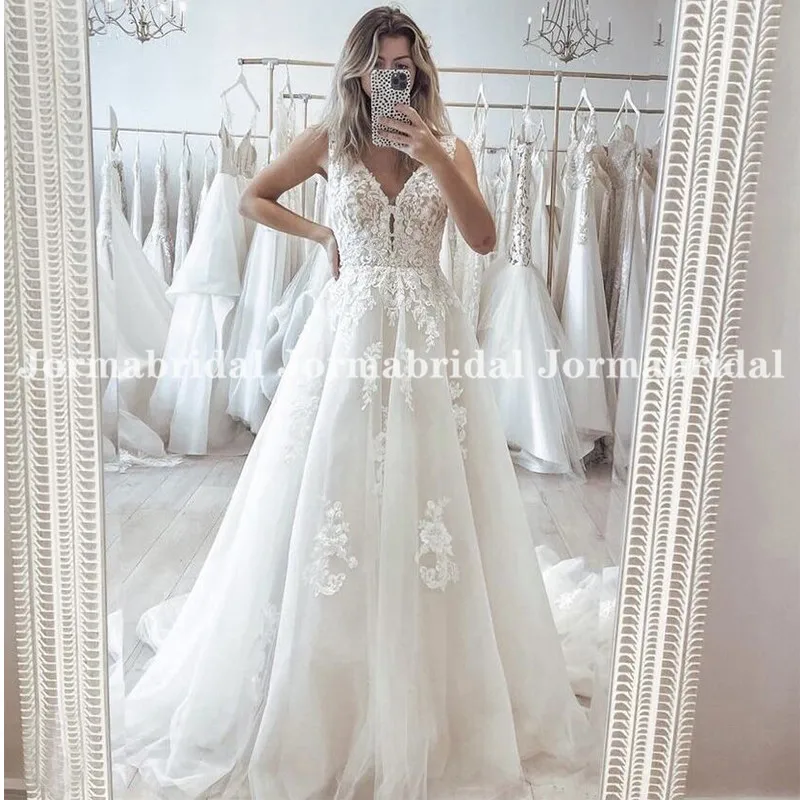 

V-Neck Boho Wedding Dresses Sleeveless Floral Appliques A-Line Tulle Beach Bride Party Gowns Custom Made 2022 vestidos de novia