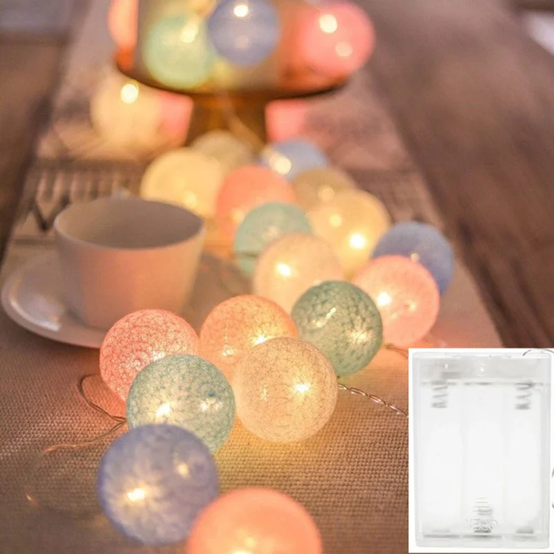 Guirlande lumineuse décorative en boule de coton de noël, fil fait à la main, 20/40 boules, batterie/USB, lumières féeriques pour fête de famille